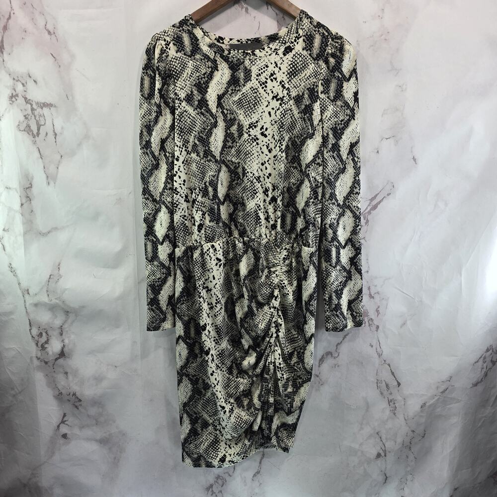 Sunday Brooklyn Dress Womens Medium Snake Print Ruched Black Cream Puff Sleeve